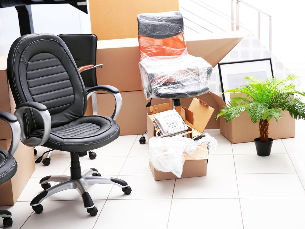 A black office chair is sitting in a room with boxes and a plant.