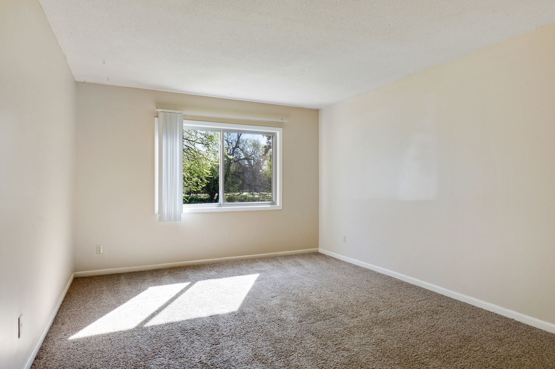 Empty room with beige walls, patterned carpet, and a window with natural light at Manor Royal in Plymouth, MN.