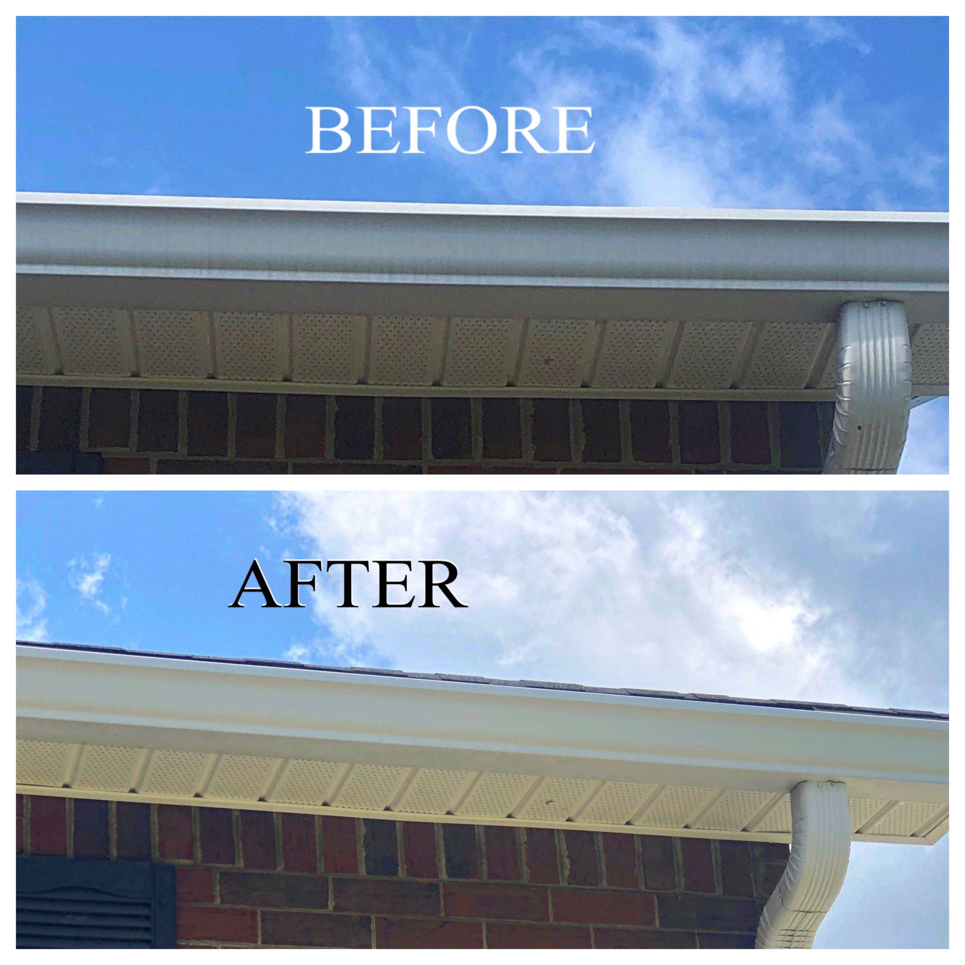 A before and after picture of a gutter on a brick house.