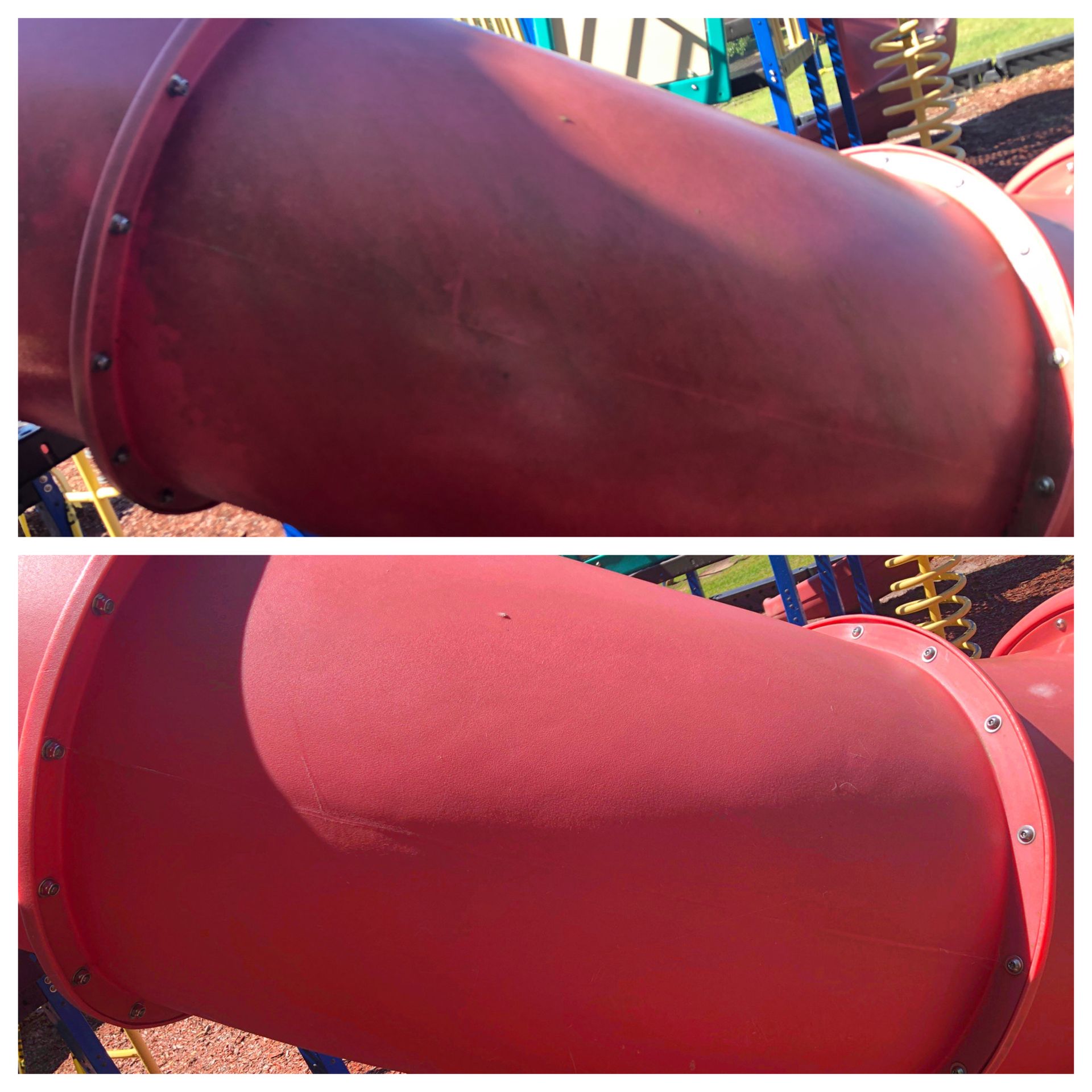 A before and after photo of a red slide at a playground