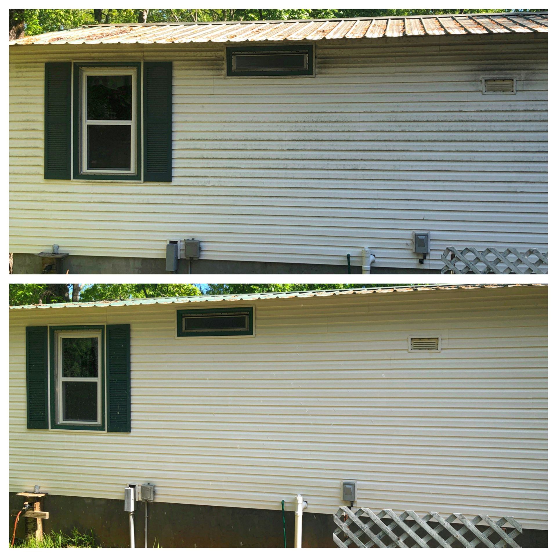 A before and after picture of a house with green shutters
