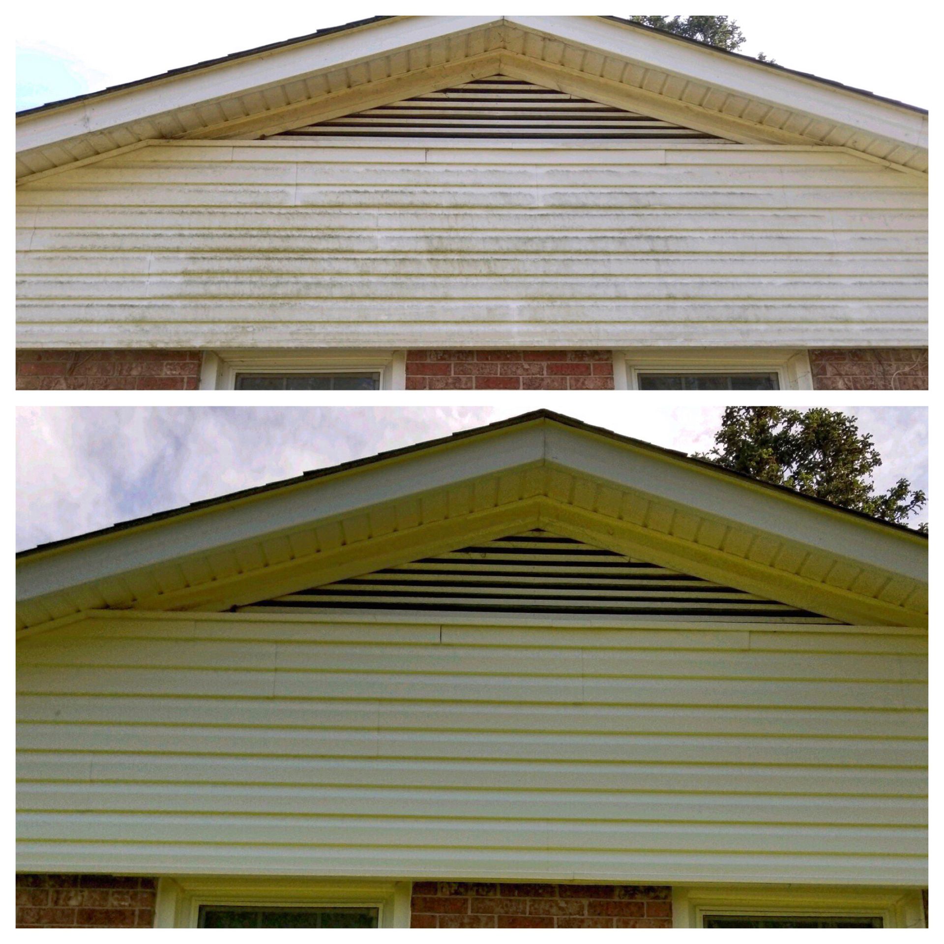 A before and after picture of a house 's siding and roof.