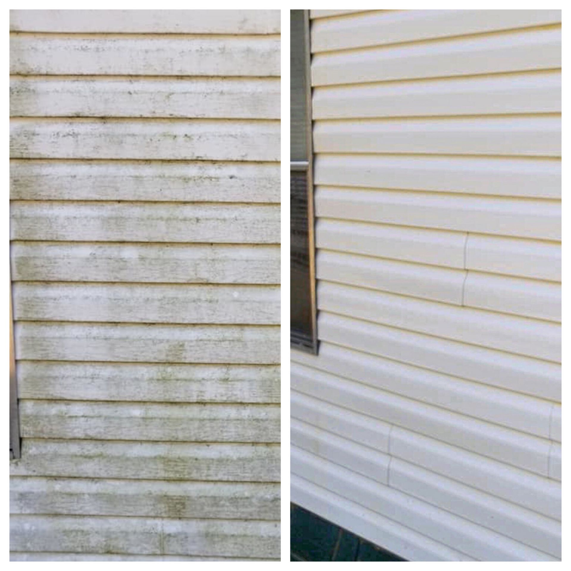 A before and after picture of a house siding being cleaned.