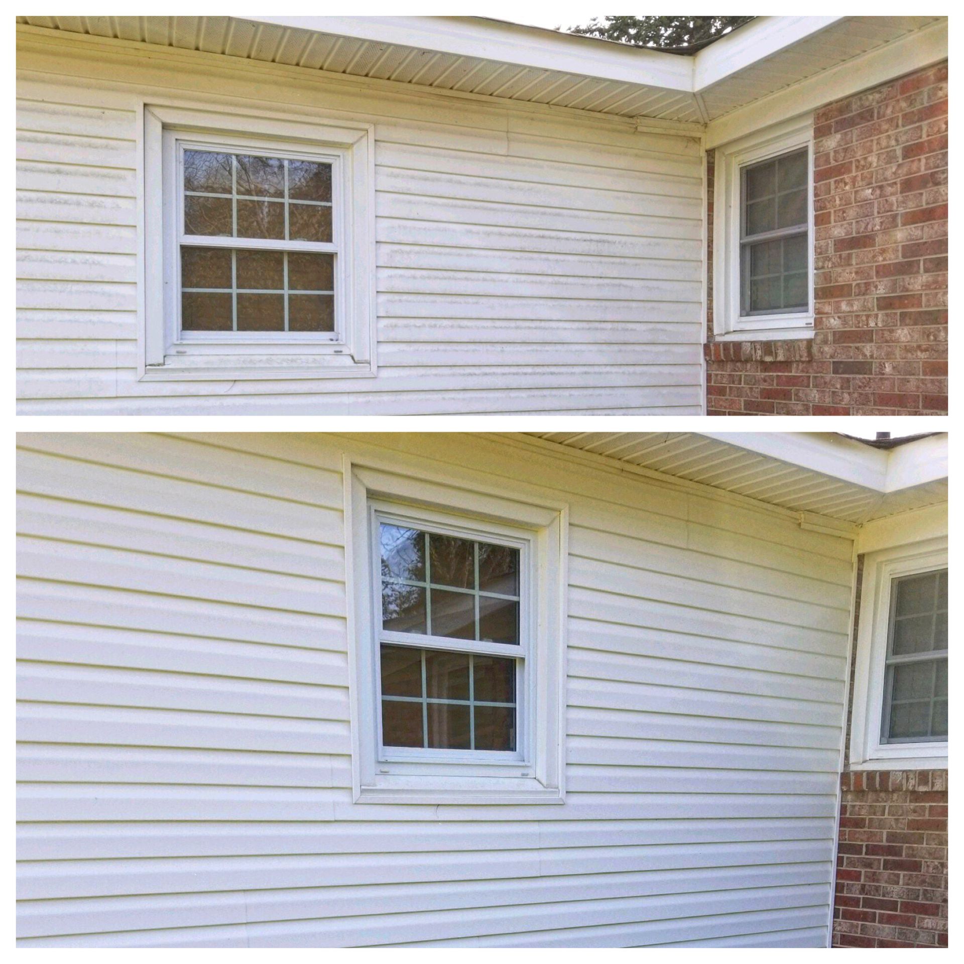 A before and after picture of a house with white siding and two windows.
