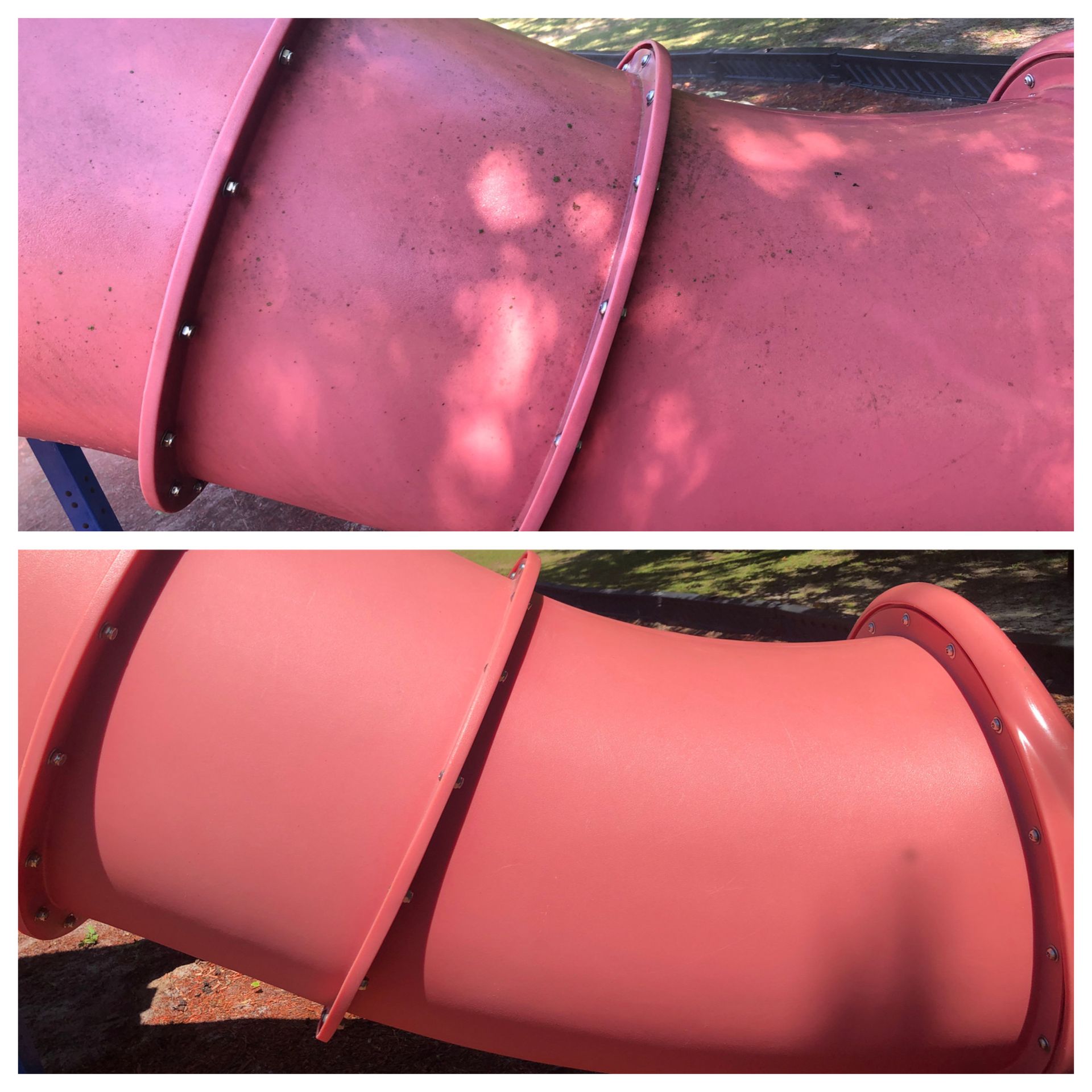 A before and after picture of a red slide in a park.