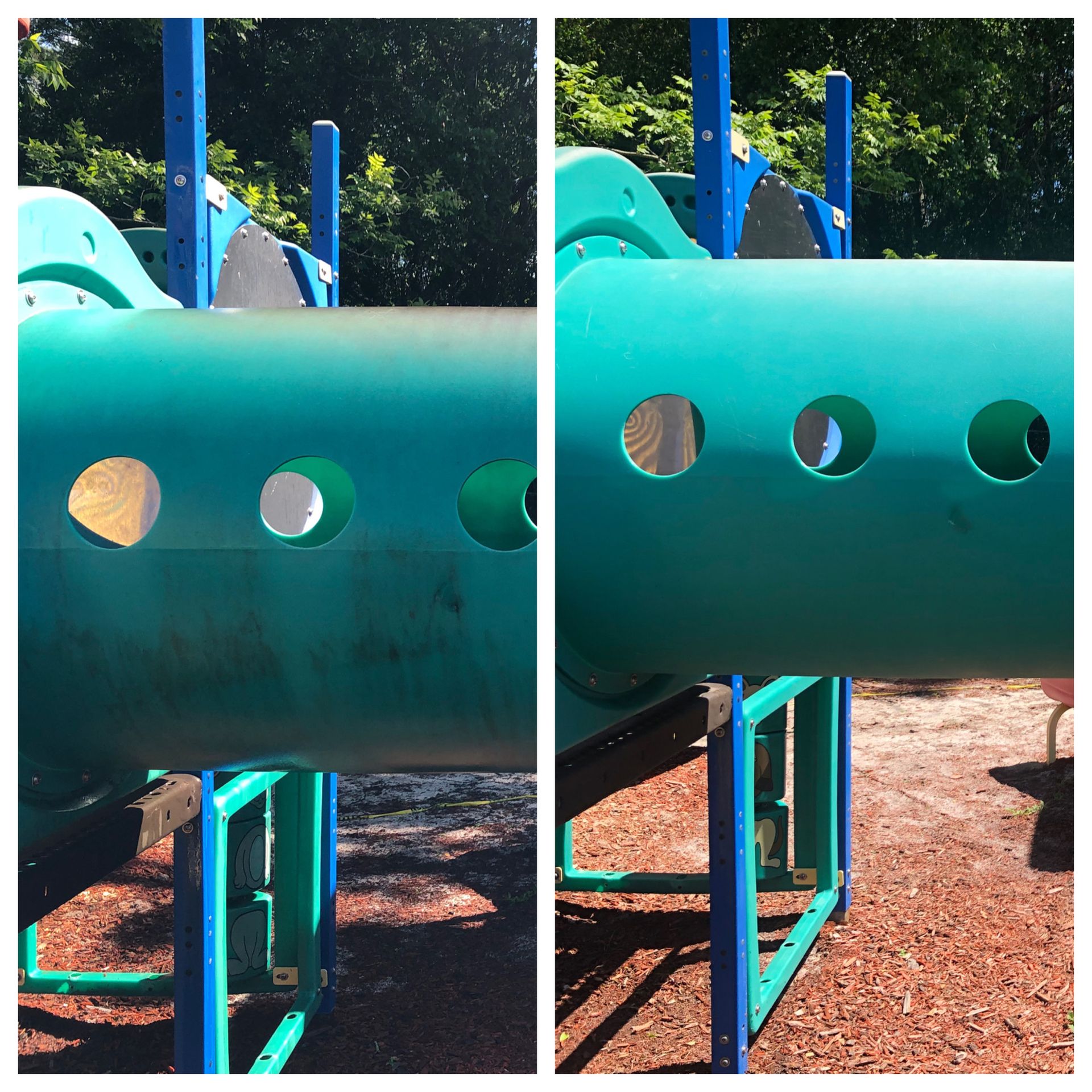 A before and after photo of a playground with holes in it