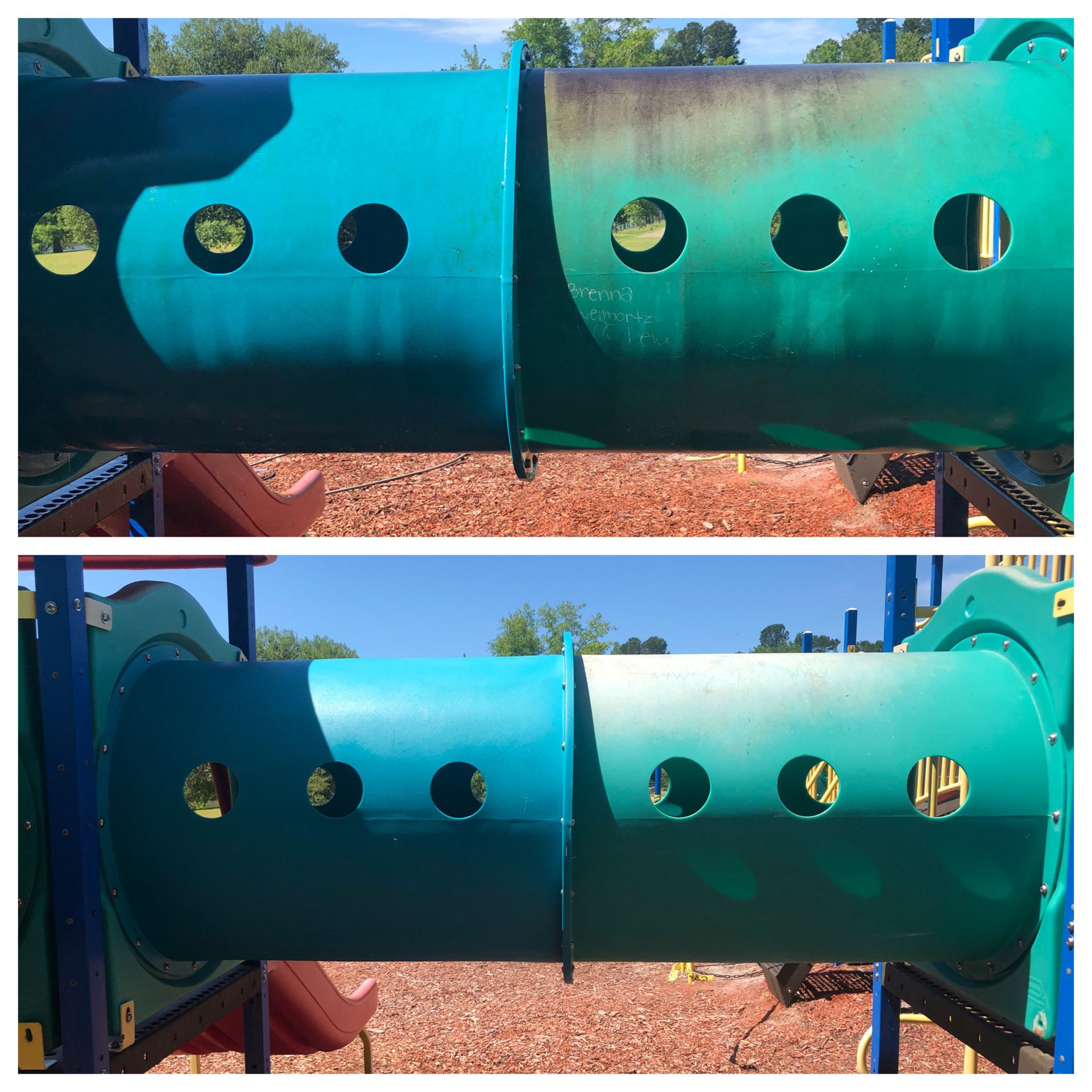 A before and after photo of a playground tunnel.