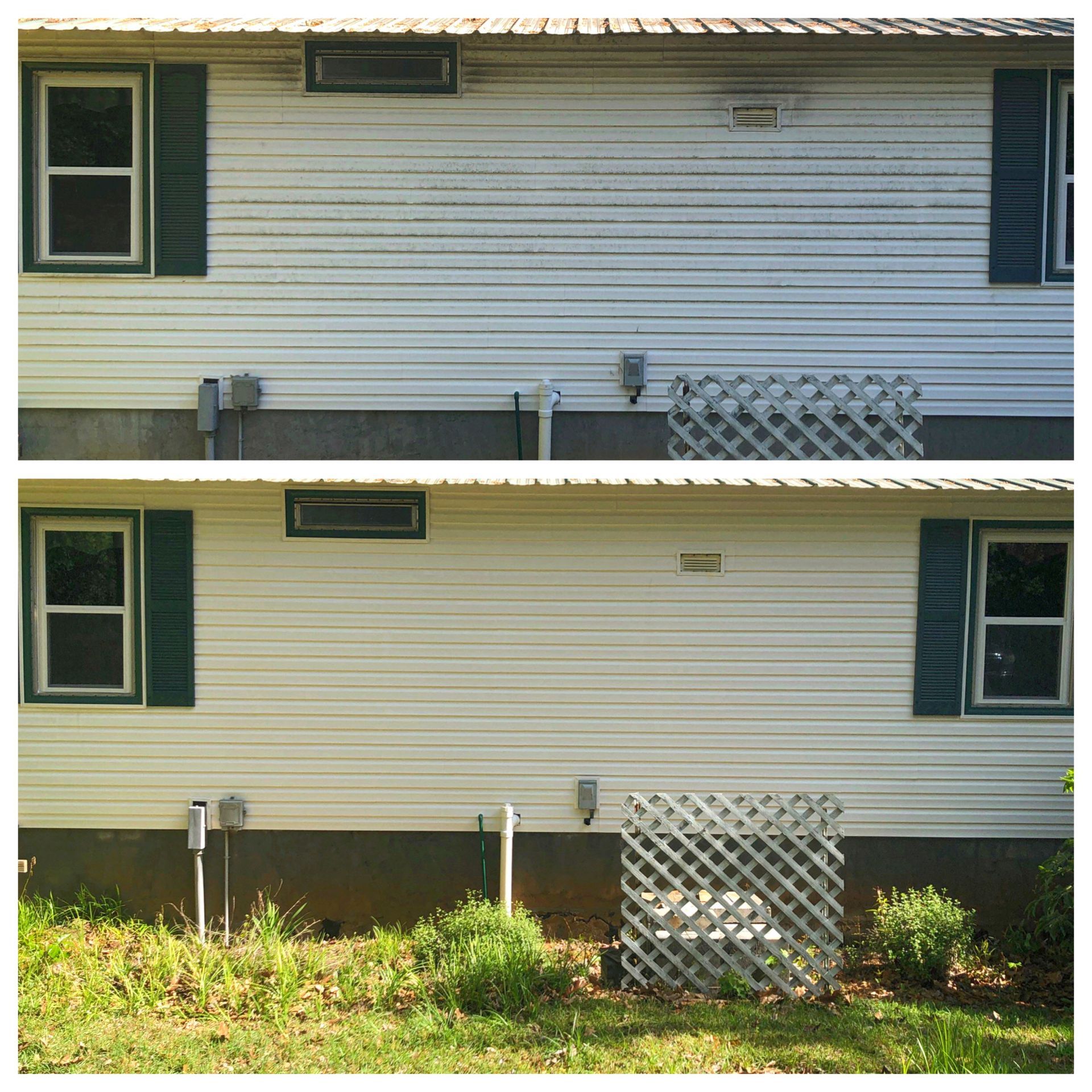 A before and after picture of a white house with green shutters.
