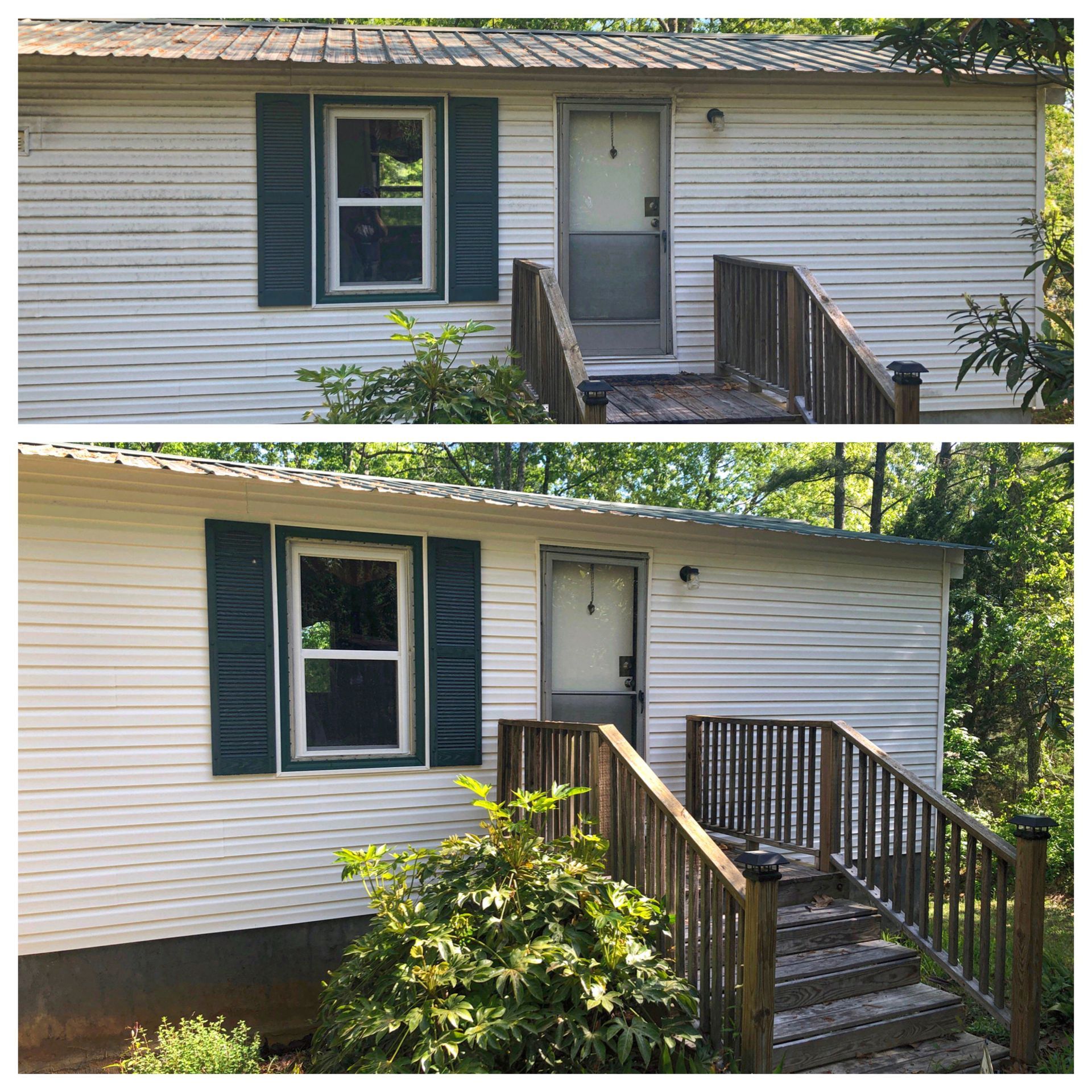 A before and after picture of a white house with blue shutters.