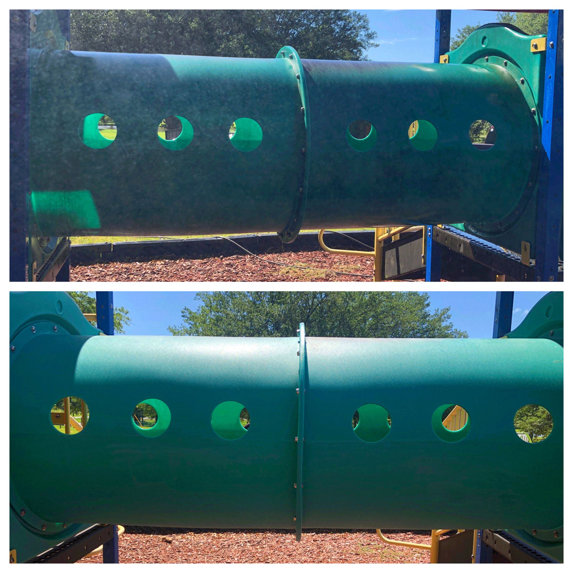 A before and after picture of a green playground tunnel.