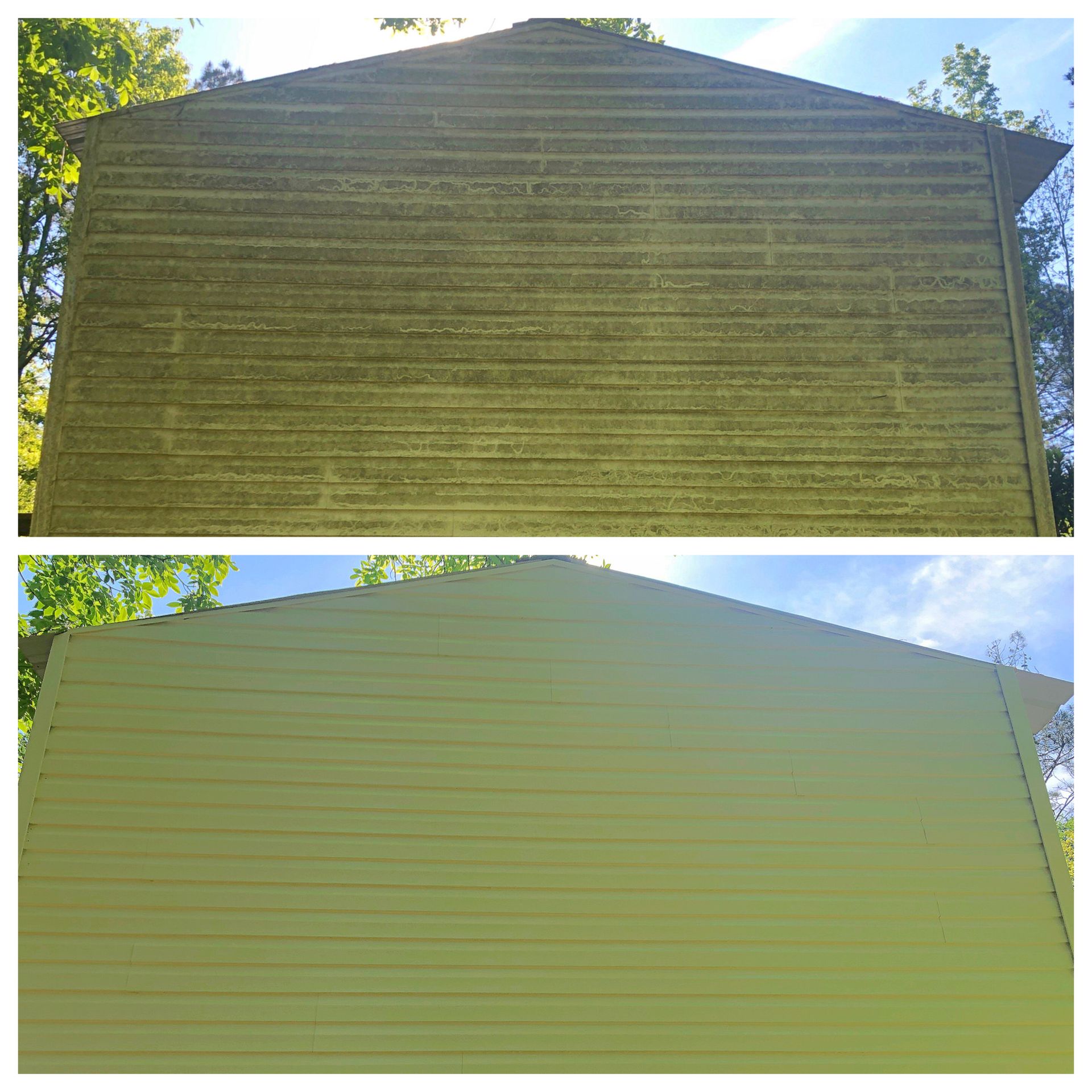 A before and after picture of a house with a green siding.