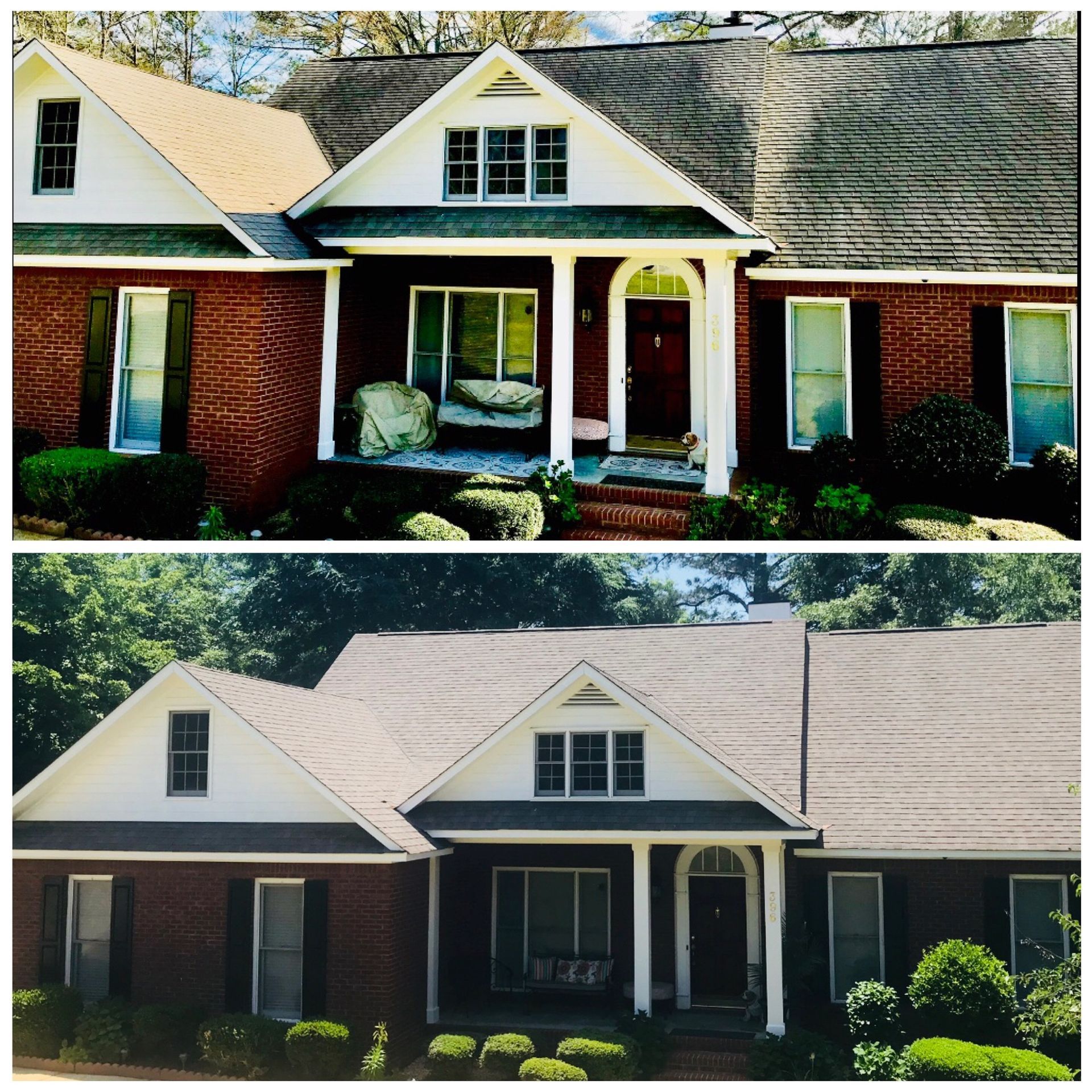 A before and after picture of a brick house