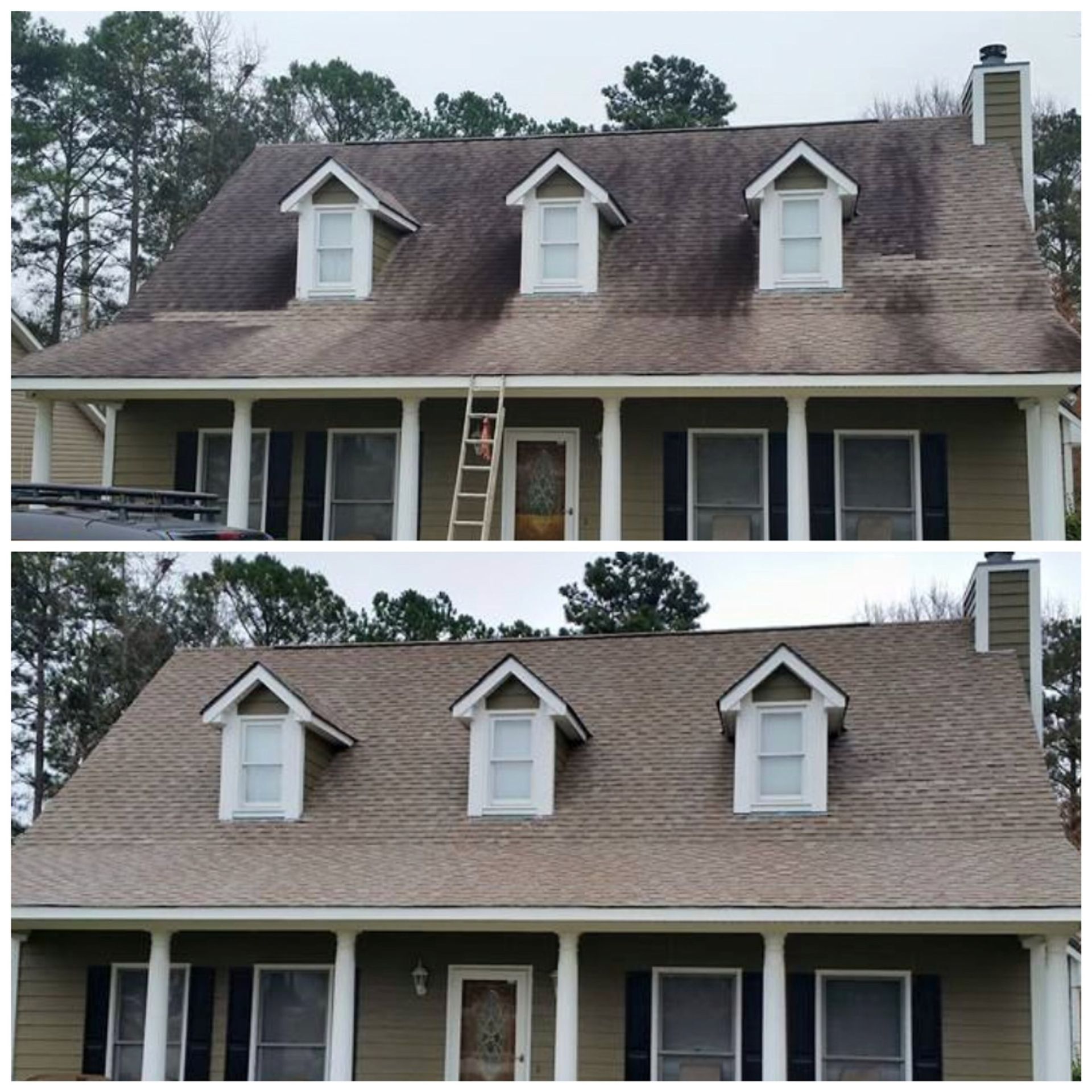 A before and after picture of a house 's roof