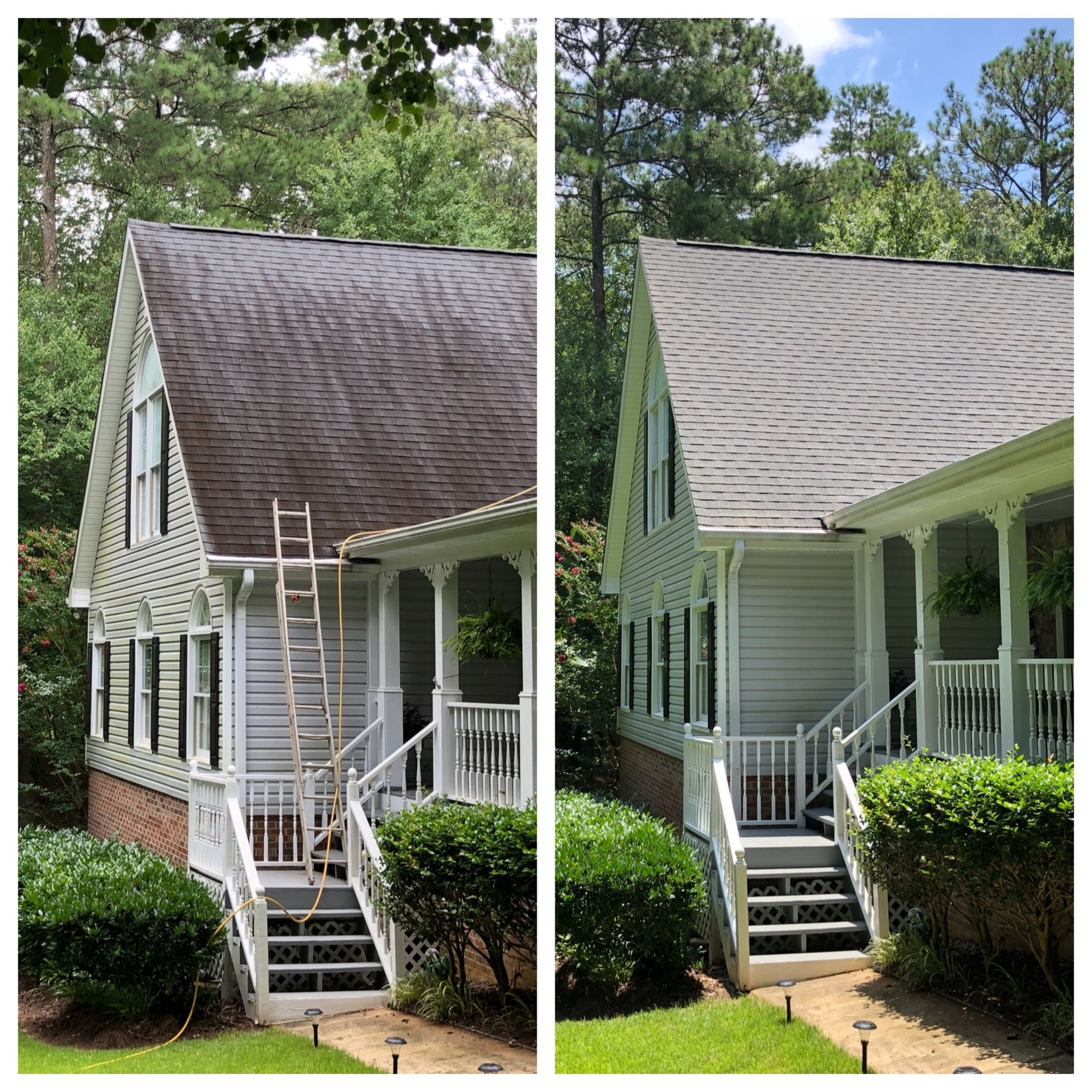 A before and after picture of a house with a ladder on the roof.