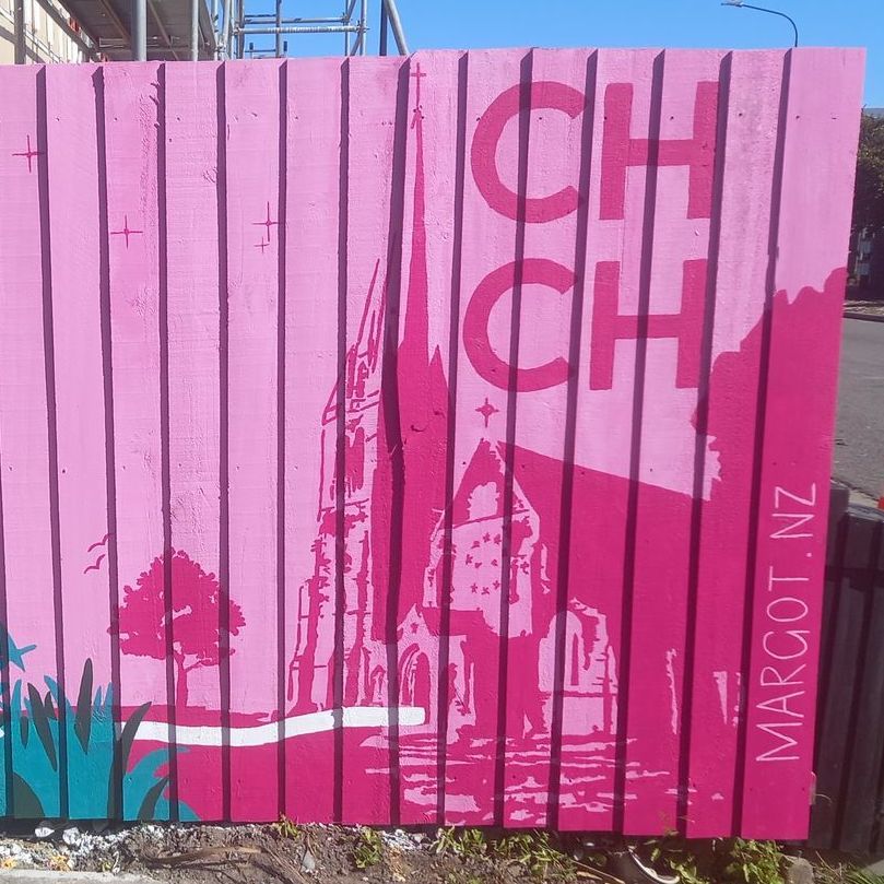 christchurch cathedral, pink ribbon, christchurch, church, cathedral, mural, painting, resene, muralist, artist, nz, canterbury, arts canterbury, colour