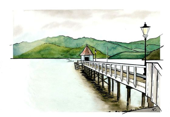 Otautahi, a New Perspective. Watercolour and Ink Paintings by Margot Korhonen - Akaroa Harbour