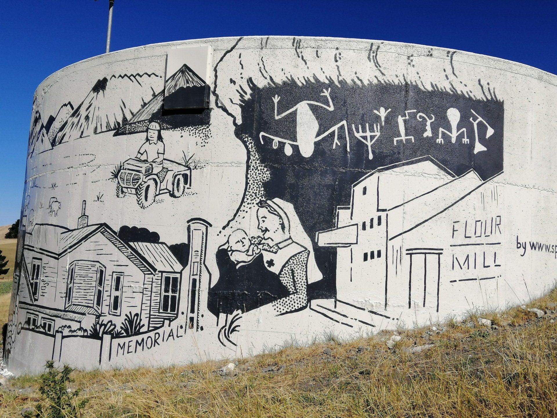 murals by margot.nz, atwork, custom, Illustration, sketching, design, commercial, business, corporate, product design, labels, graphics, drawn, hand, pencil, pen, black and white, buildings, people, lovel,m community,  murals, margot.nz, nz, margot, margotkorhonen, margot korhonen, waikari, water tank, tourism, people, moari rock art, nursing, hospital, farming, steam train, pub, trucking, frog rock, family, history, district nursing