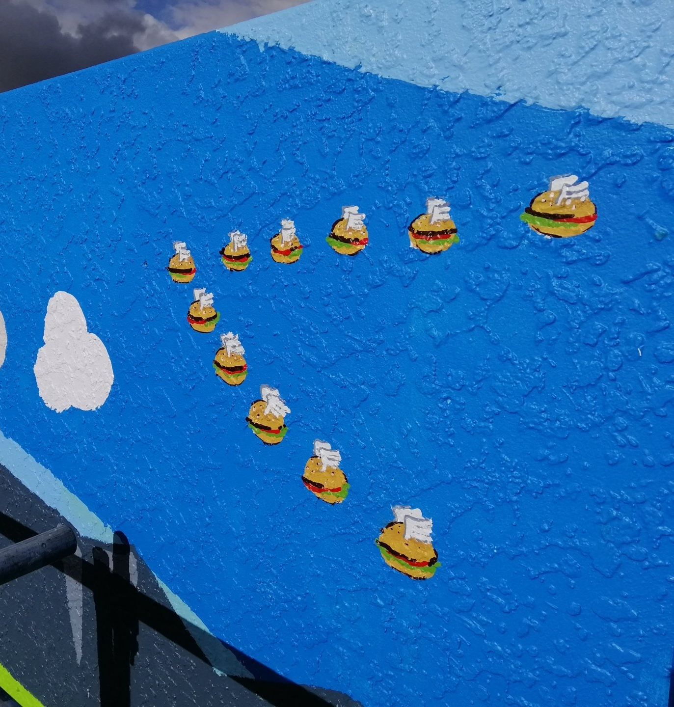 burger, mural, flying burgers, farming, sheep, braided river, norwest arch, mural, muralist, colour, resene, sky, country, nz, north canterbury, rangiora, ashley, sefton, balcairn, beer, craft beer, food truck, beer garden, the good drop, local brewer, brewery, chips