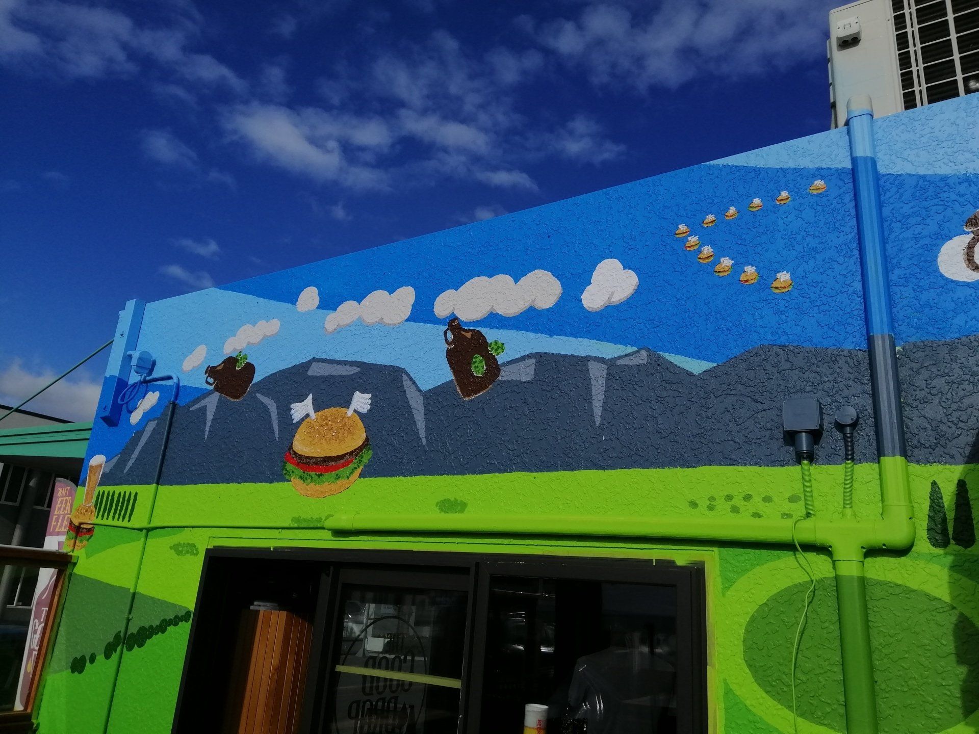 Mural, art, nz, artist, canterbury, graffitti, urban, artist, colour, linework, community, business, bespoke, artwork, commission, love, project, waikari, community, history, people, love, job, buildings, country, farming, family, pub, mountains, brewery, rangiora, braided river, river, sheep, deer, cows, beer, burgers, flying, norwest