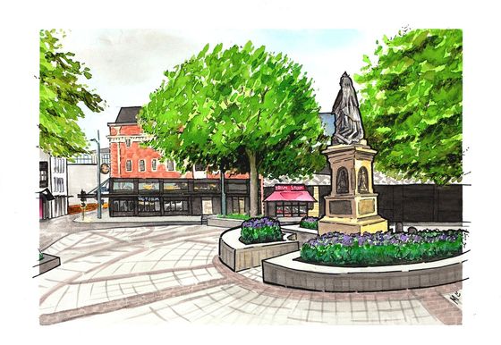 Otautahi, a New Perspective. Watercolour and Ink Paintings by Margot Korhonen - Queen Victoria Square