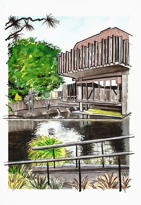 Otautahi, a New Perspective. Watercolour and Ink Paintings by Margot Korhonen - Christchurch Town Hall