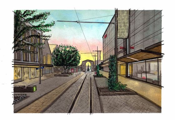 Otautahi, a New Perspective. Watercolour and Ink Paintings by Margot Korhonen - Bridge of Rememberance