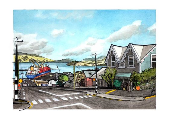 Otautahi, a New Perspective. Watercolour and Ink Paintings by Margot Korhonen - Lyttelton Harbour