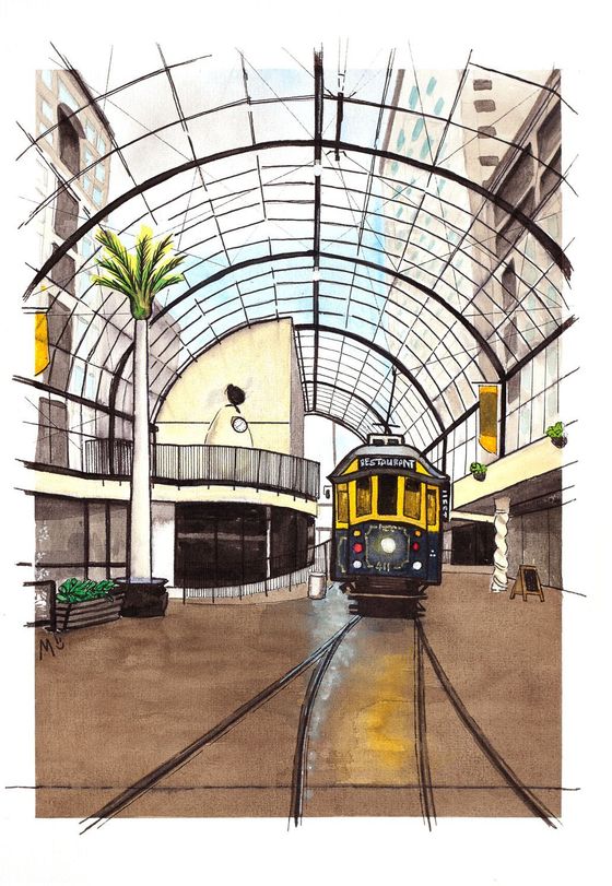 Otautahi, a New Perspective. Watercolour and Ink Paintings by Margot Korhonen - The Christchurch Tram