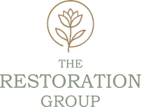 Logo of The Restoration Group: floral design in a circle above the company name in a serif font; earth-toned color scheme.