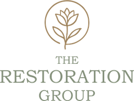 Logo of The Restoration Group: floral design in a circle above the company name in a serif font; earth-toned color scheme.