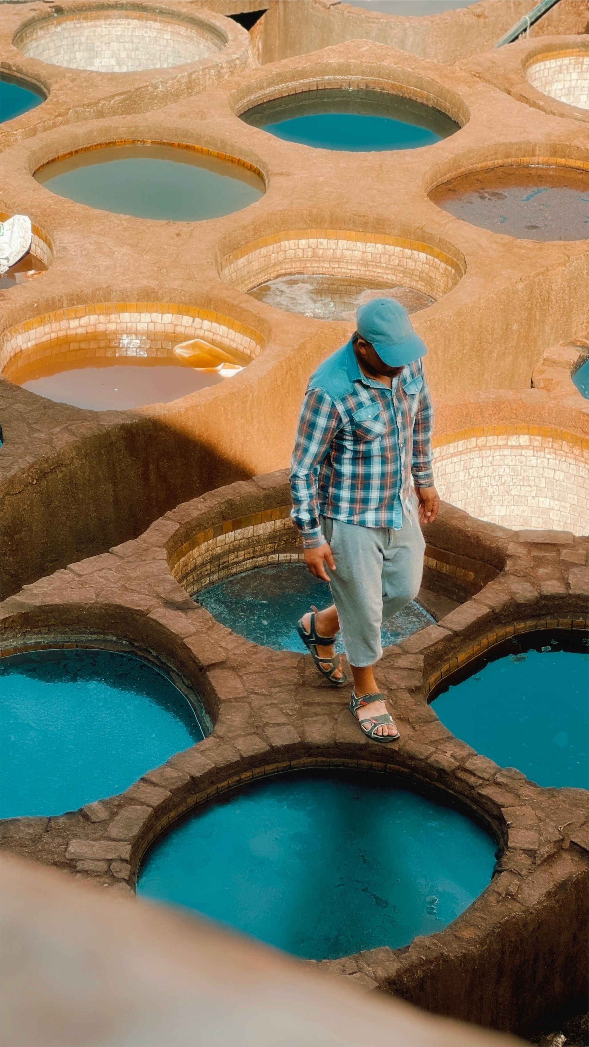 Man walking round water pits