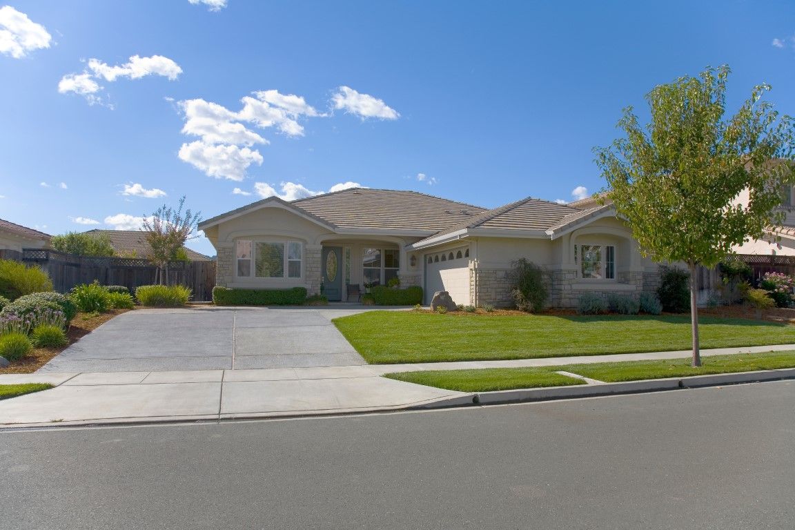 A large house with a driveway and a tree in front of it