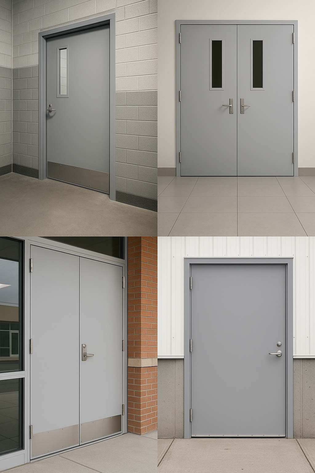 Four gray metal doors in different settings: school, building, and exterior.