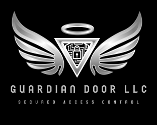 Silver wings and halo over a triangle with a lock icon. Text reads "Guardian Door LLC" and "Secured Access Control".
