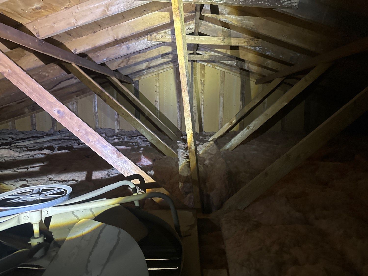 Attic interior with wooden beams, insulation, and potential mold. Brown and yellow tones.