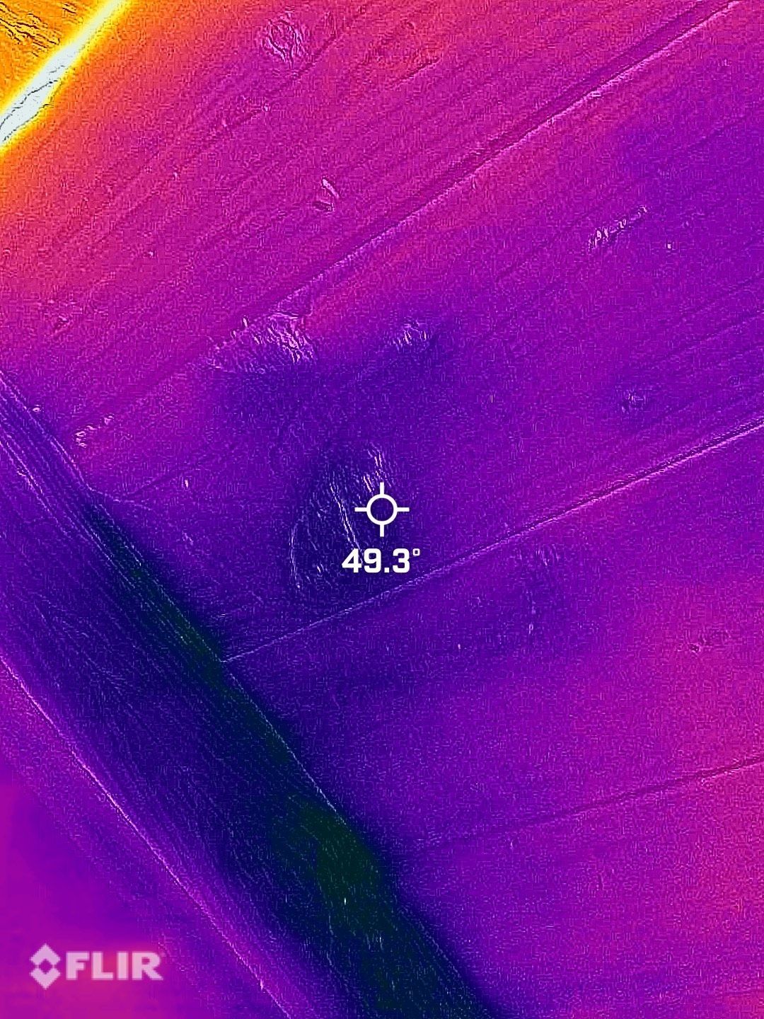 Thermal image of a field, showing temperature variations in purples, pinks, and oranges. A central spot reads 49.3°