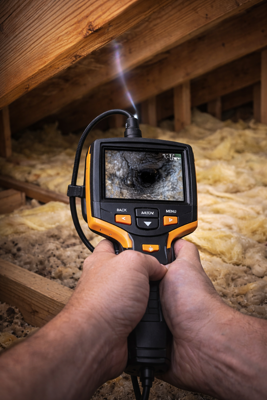 Person in orange vest testing water clarity with a handheld device, near a clipboard.