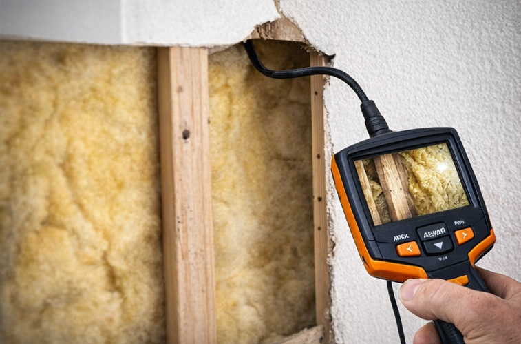 Person in orange shirt uses a tool to examine something in water.