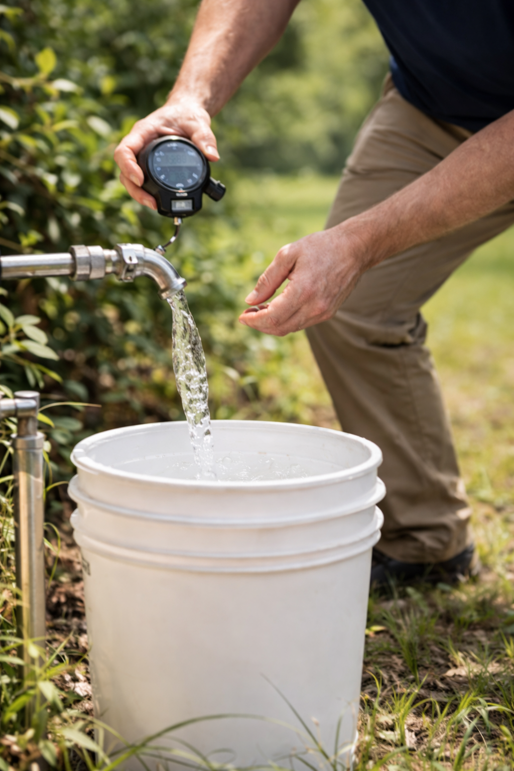 Person in orange shirt uses a tool to examine something in water.