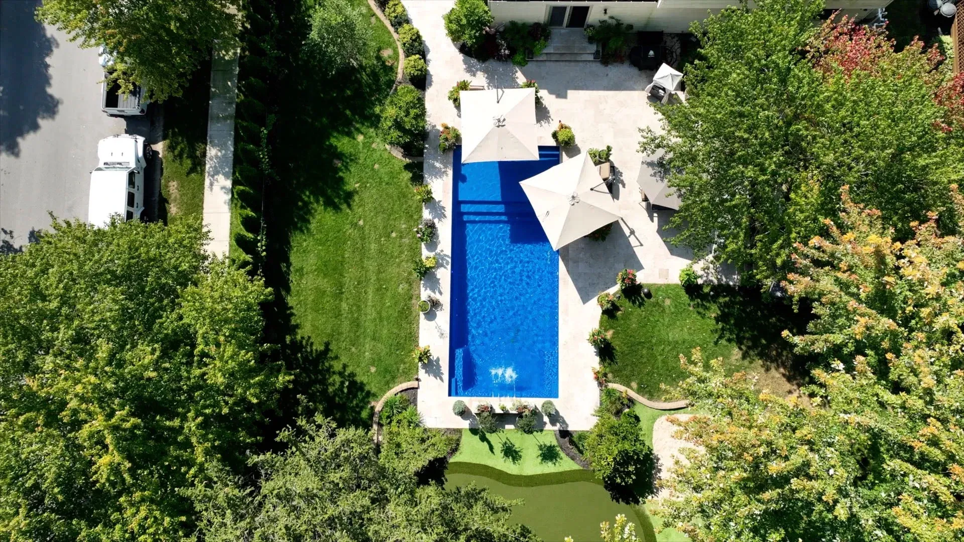 Overhead view of a backyard with a long rectangular pool, surrounded by green grass, trees, and two beige patio umbrellas.