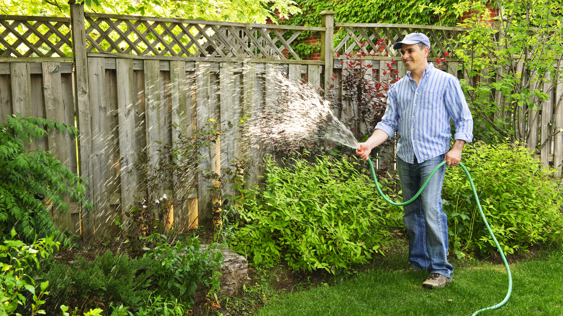 A person watering plants in a well-maintained garden.