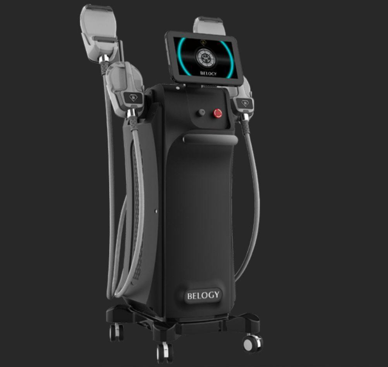 Apparecchiatura medica nera con due applicatori e touchscreen.