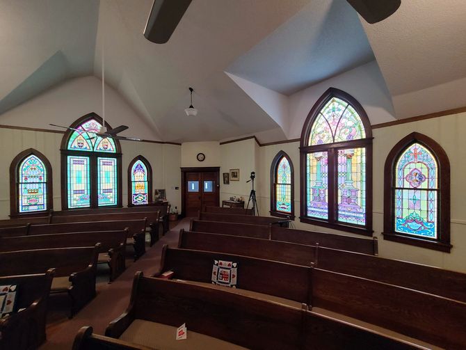 Interior of Turney Methodist Church - Traditional Sanctuary with Pews and Stained Glass Windows