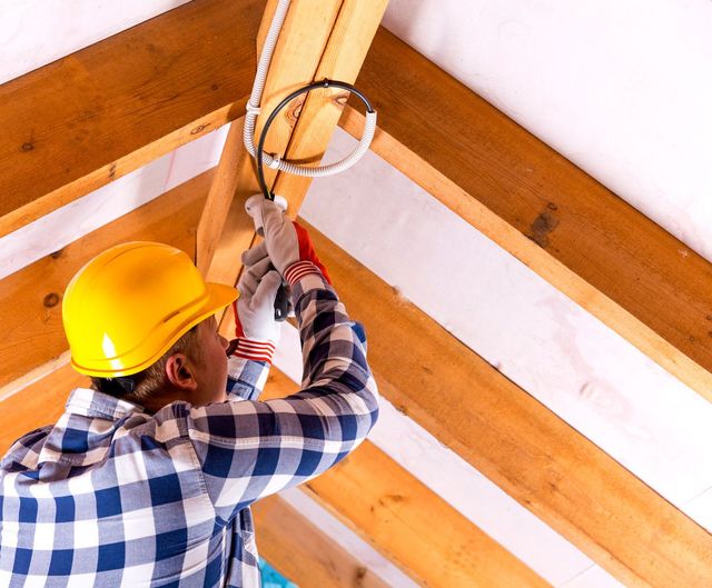 A man wearing a hard hat is working on a wooden ceiling