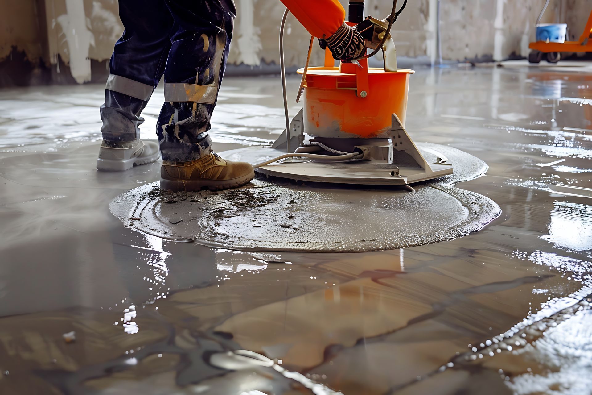 A man is working on a concrete floor with a machine.