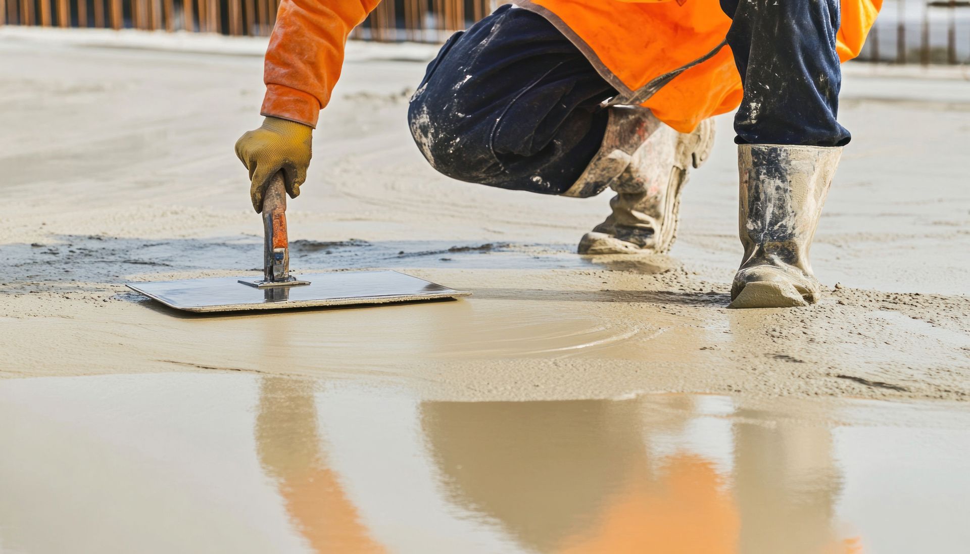 A man is kneeling down and using a trowel to spread concrete on the ground.