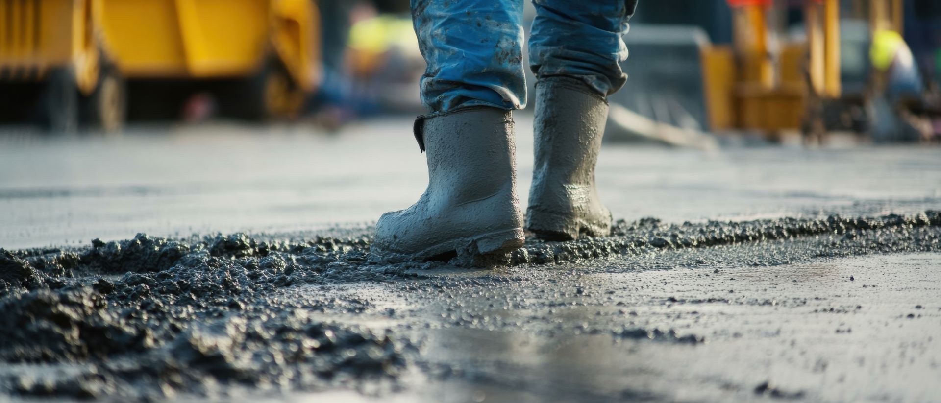 A person wearing rubber boots is walking on a concrete surface.