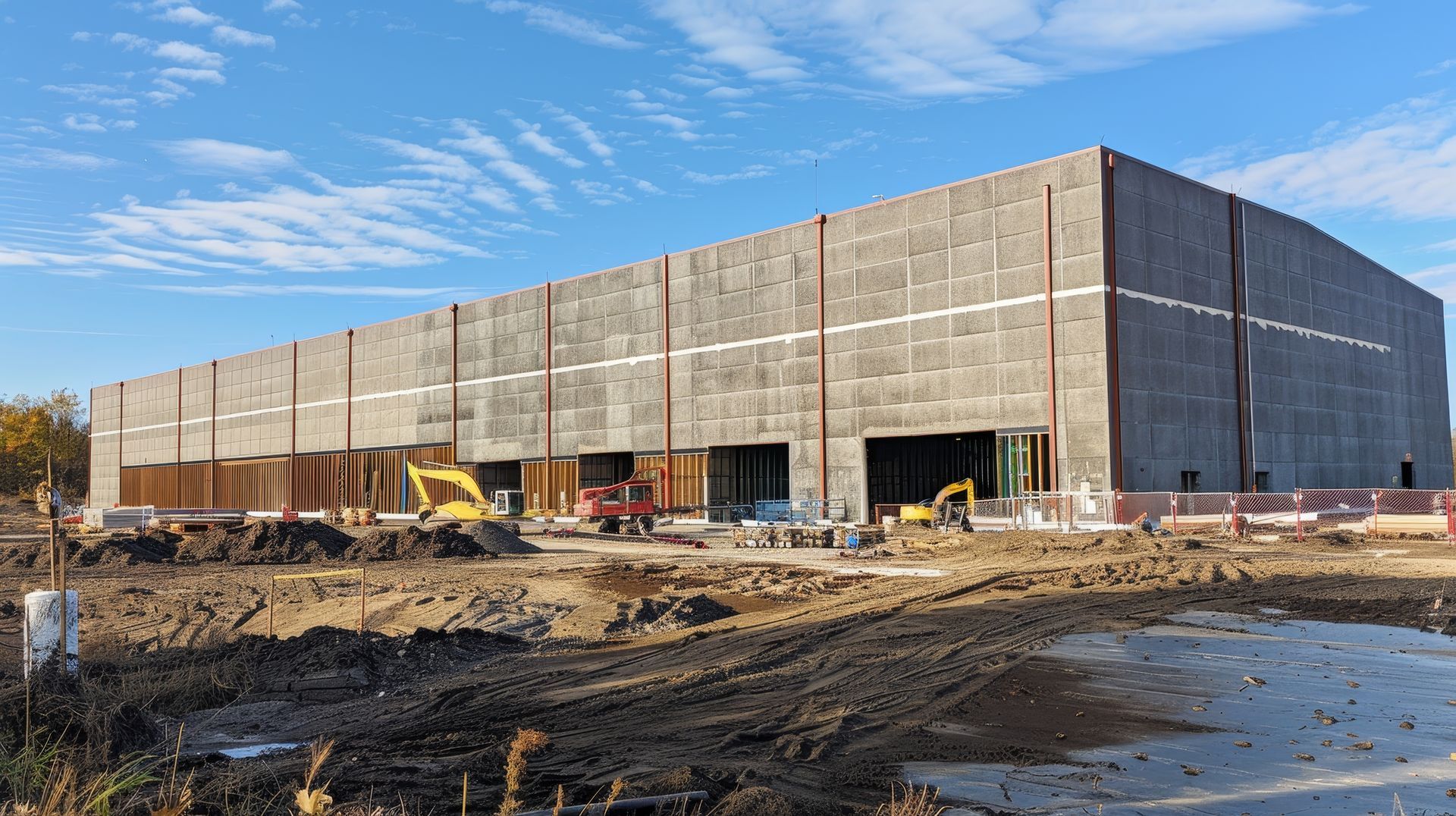 A large building is being built in the middle of a dirt field.