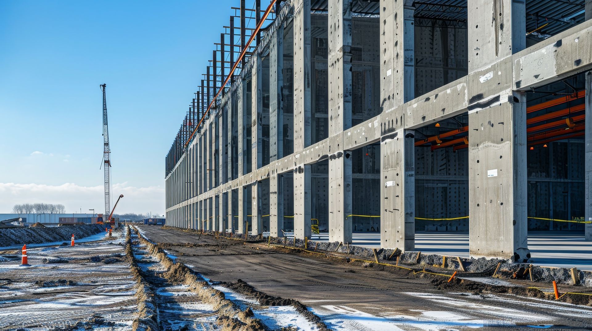 A large building is being built in the middle of a snowy field.