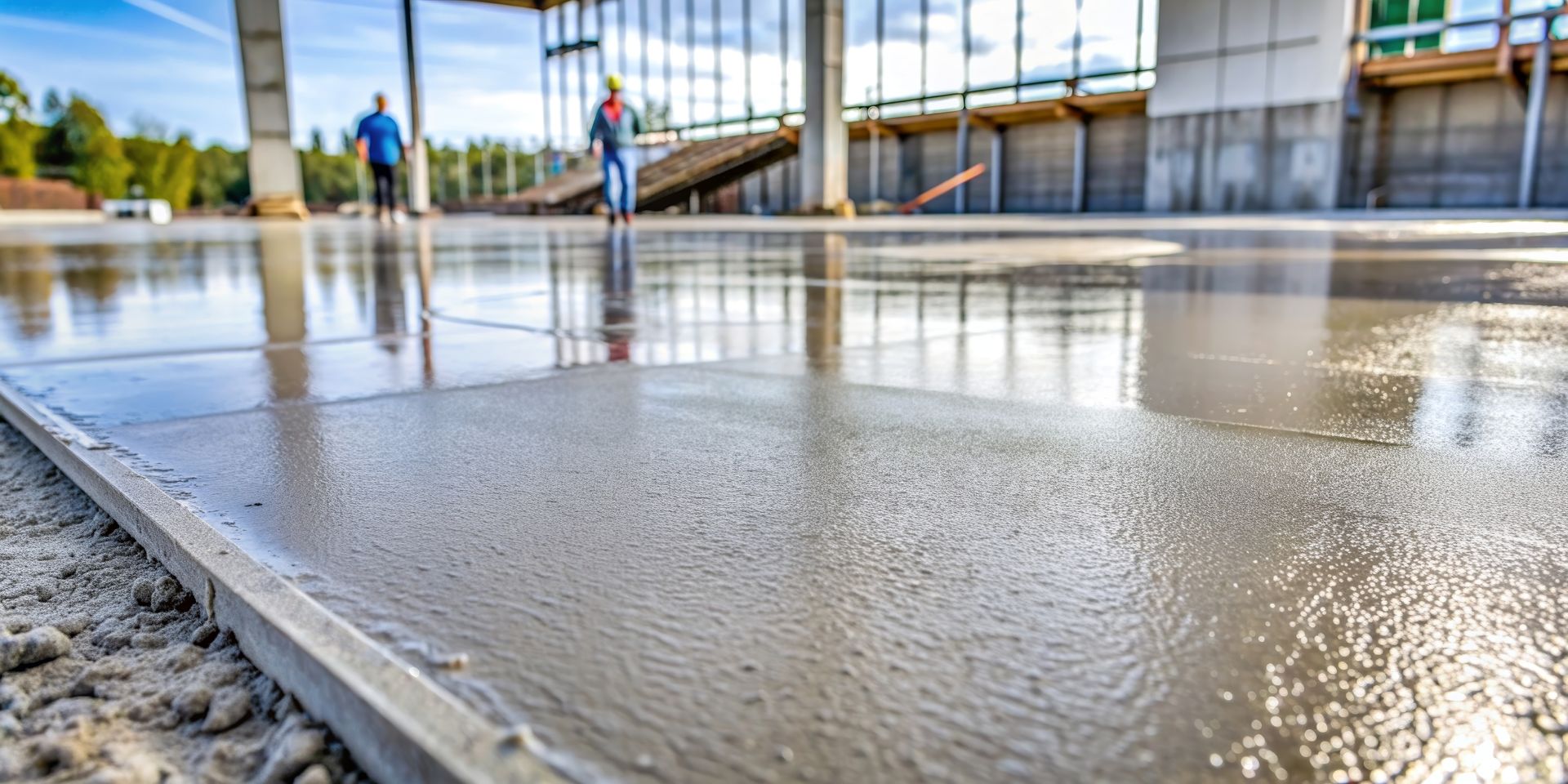 A couple of men are walking on a concrete floor.